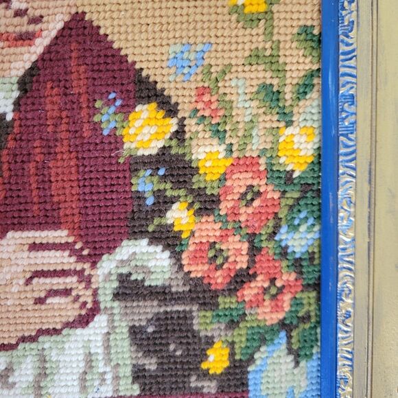 Vtg Framed Needlepoint Old Fashion Girl Embroidering Wall Decor Art Romantic - Picture 7 of 15